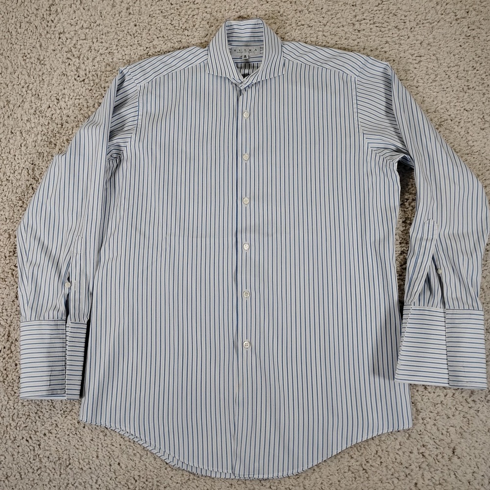 Sulka Shirt Mens 16 32 Blue Italy Dress Long Sleeve French Cuff Striped Formal